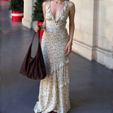 LIZAKOSHT  -  Floral Print Sexy V Neck Ruffles Elegant Bodycon Maxi Dresses Spring Fashion Holiday Streetwear Party Women Vestidos